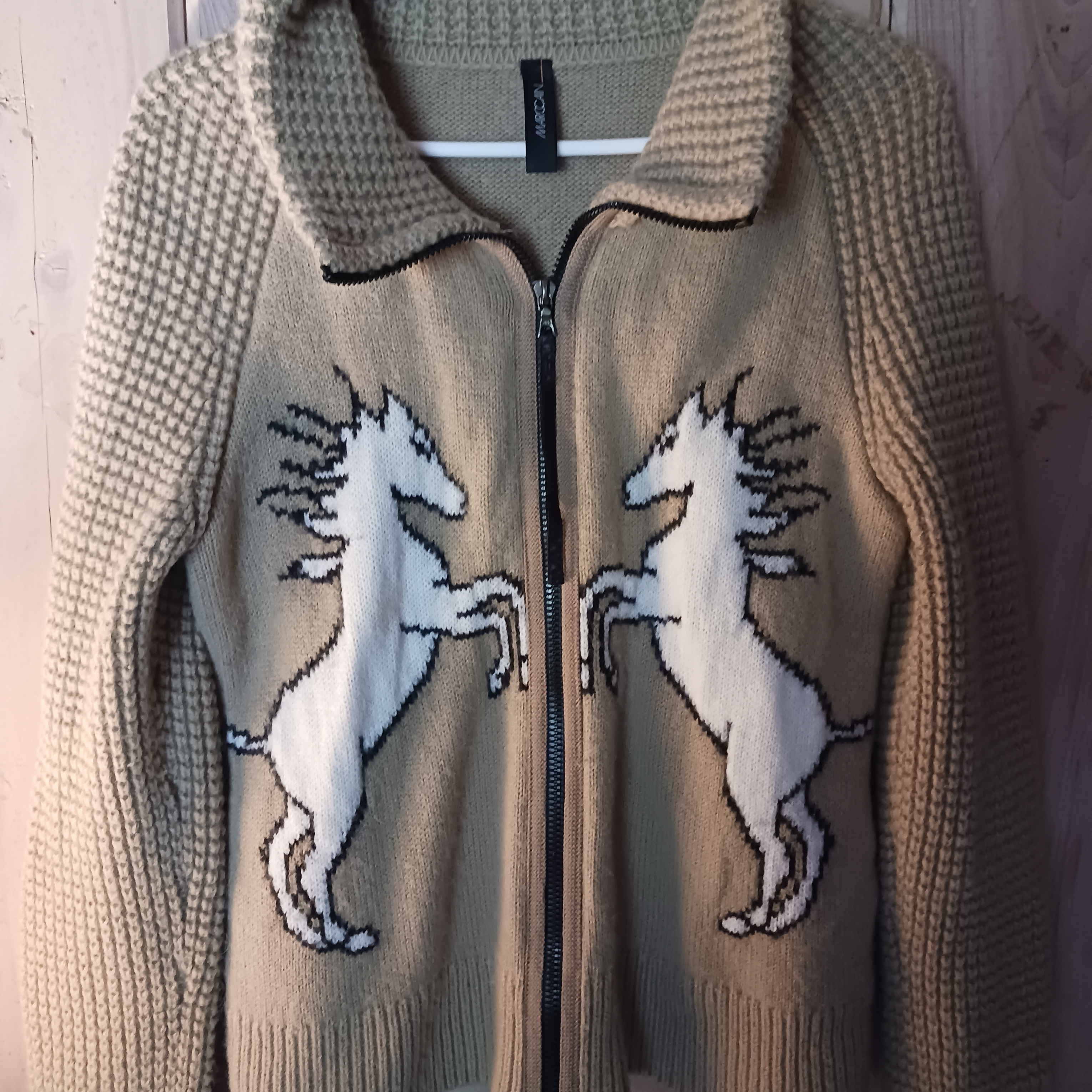 Marc Cain Beige Knit Zip Sweater With Equestrian White Horse Design Size 10